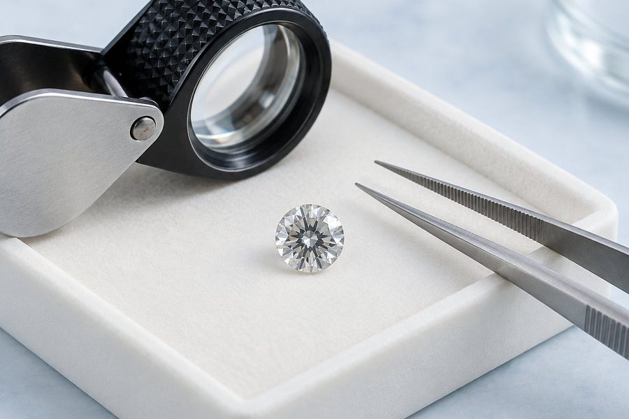 Diamond grading services in Toronto Loose diamond with a jeweller’s loupe and tweezers for diamond grading