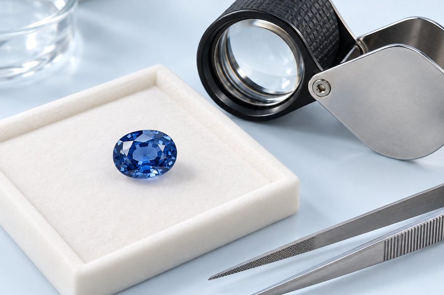 Coloured gemstone evaluation in Toronto Coloured gemstones beside a jeweller’s loupe for gemstone evaluation