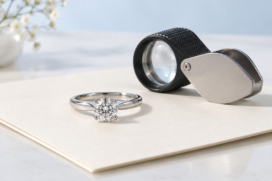 Jewellery appraisal services in Toronto Diamond ring and jeweller’s loupe on blank stationery for jewellery appraisal